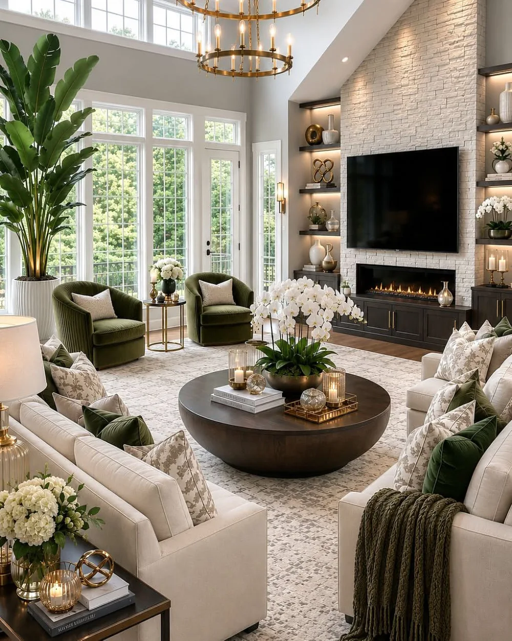Elegant cream living room with olive green chairs, white sofas, stone fireplace, and large windows