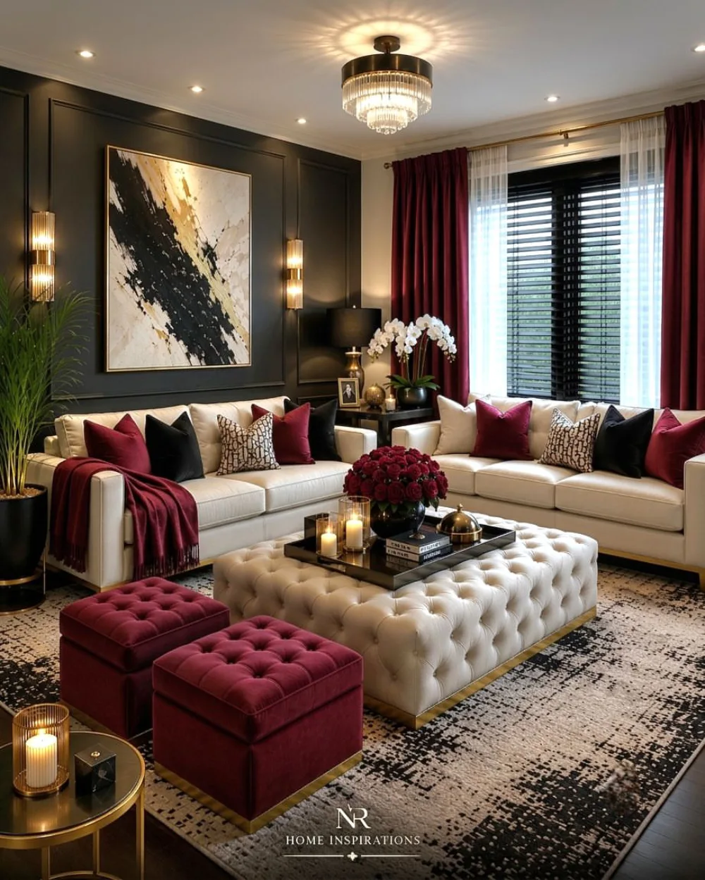 Sophisticated living room with cream sofas, burgundy accents, dark paneled walls, and tufted ottoman