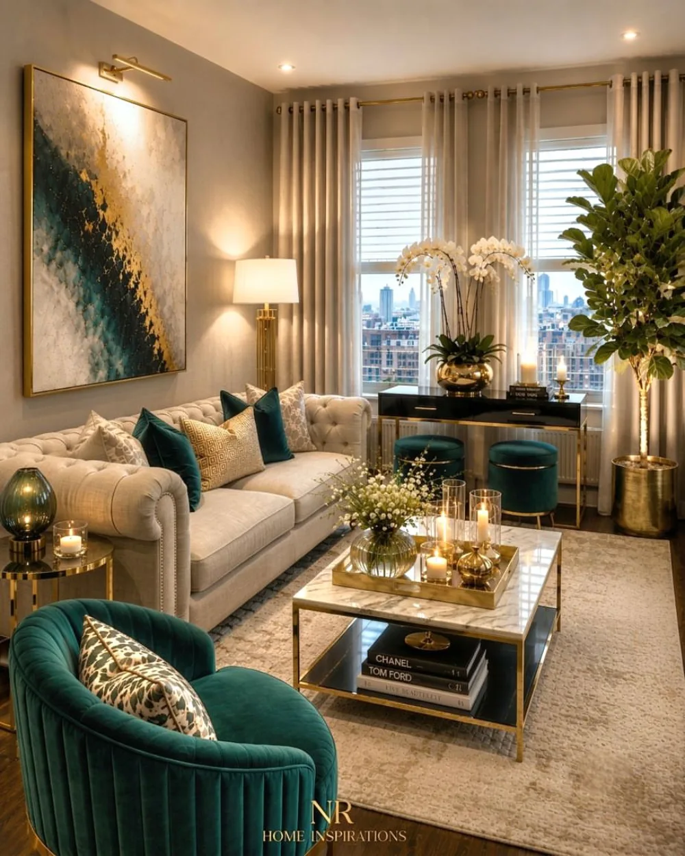 Glamorous living room with cream tufted sofa, emerald green chairs, gold accents, and marble coffee table