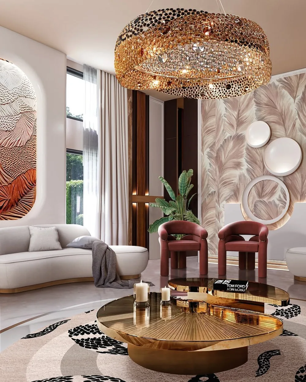 Glamorous living room with a crystal gold chandelier, burgundy accent chairs, and layered round coffee tables