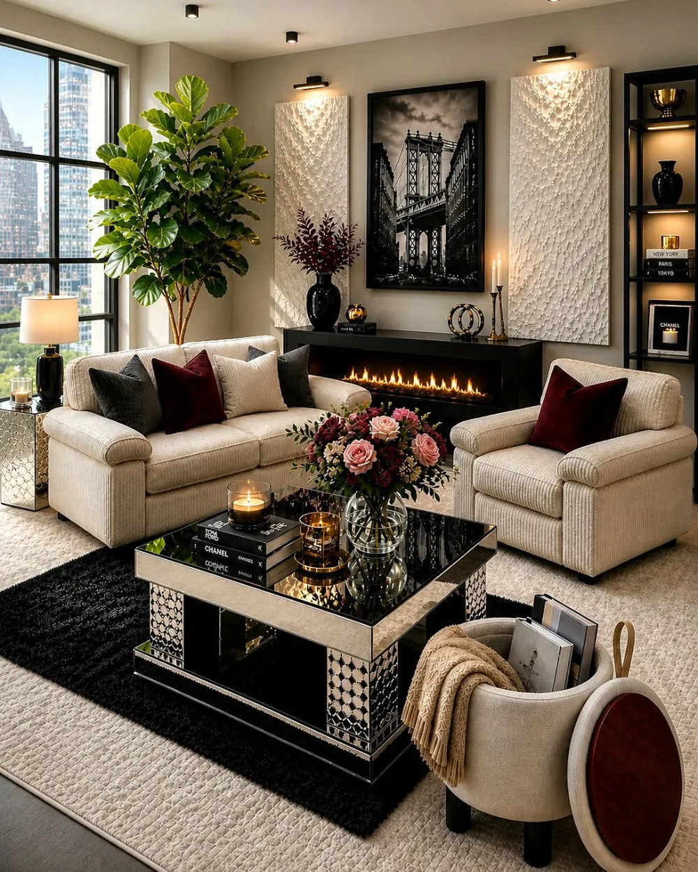 Black and white luxury living room with cream sofas, fireplace, mirrored coffee table, and burgundy accents