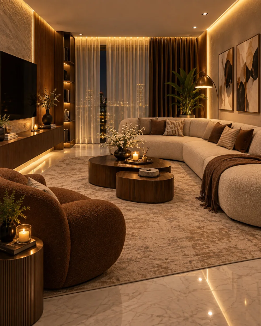 Moody luxury living room with a curved cream sofa, dark wood furniture, warm lighting, and city views