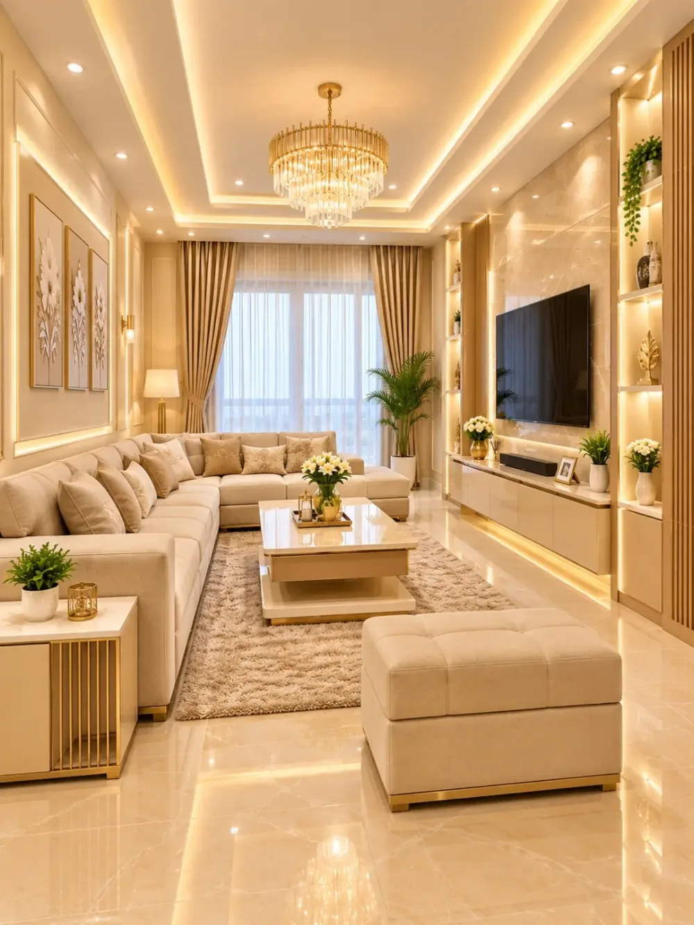 Cream and gold luxury living room with a large sectional sofa, crystal chandelier, illuminated shelving, and marble floor