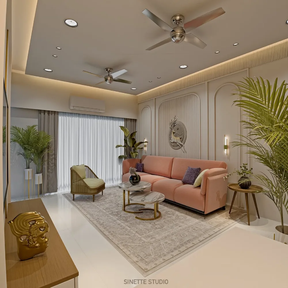 Warm living room with a peach sofa, fluted wall panels, marble tables, and tropical plants