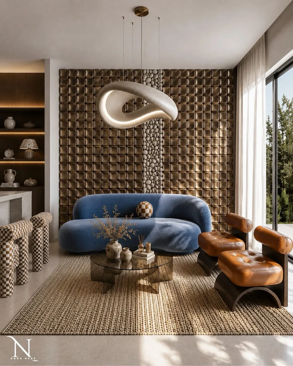 Modern luxury living room with a curved blue sofa, brown leather chairs, textured wall, and sculptural lighting