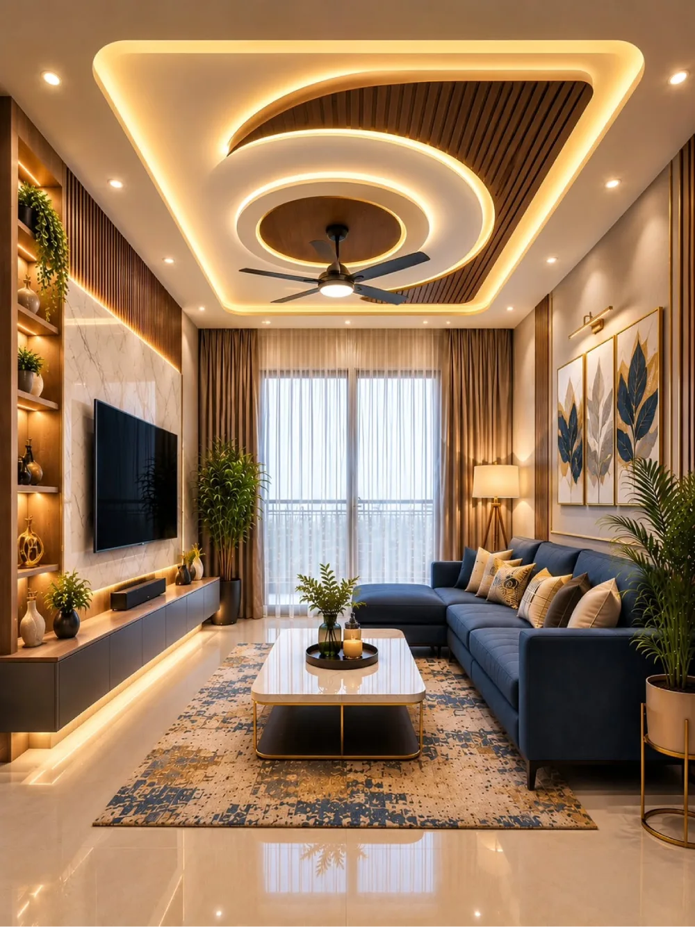 Warm luxury living room with a navy sectional, wood wall panels, illuminated shelving, and layered ceiling lights