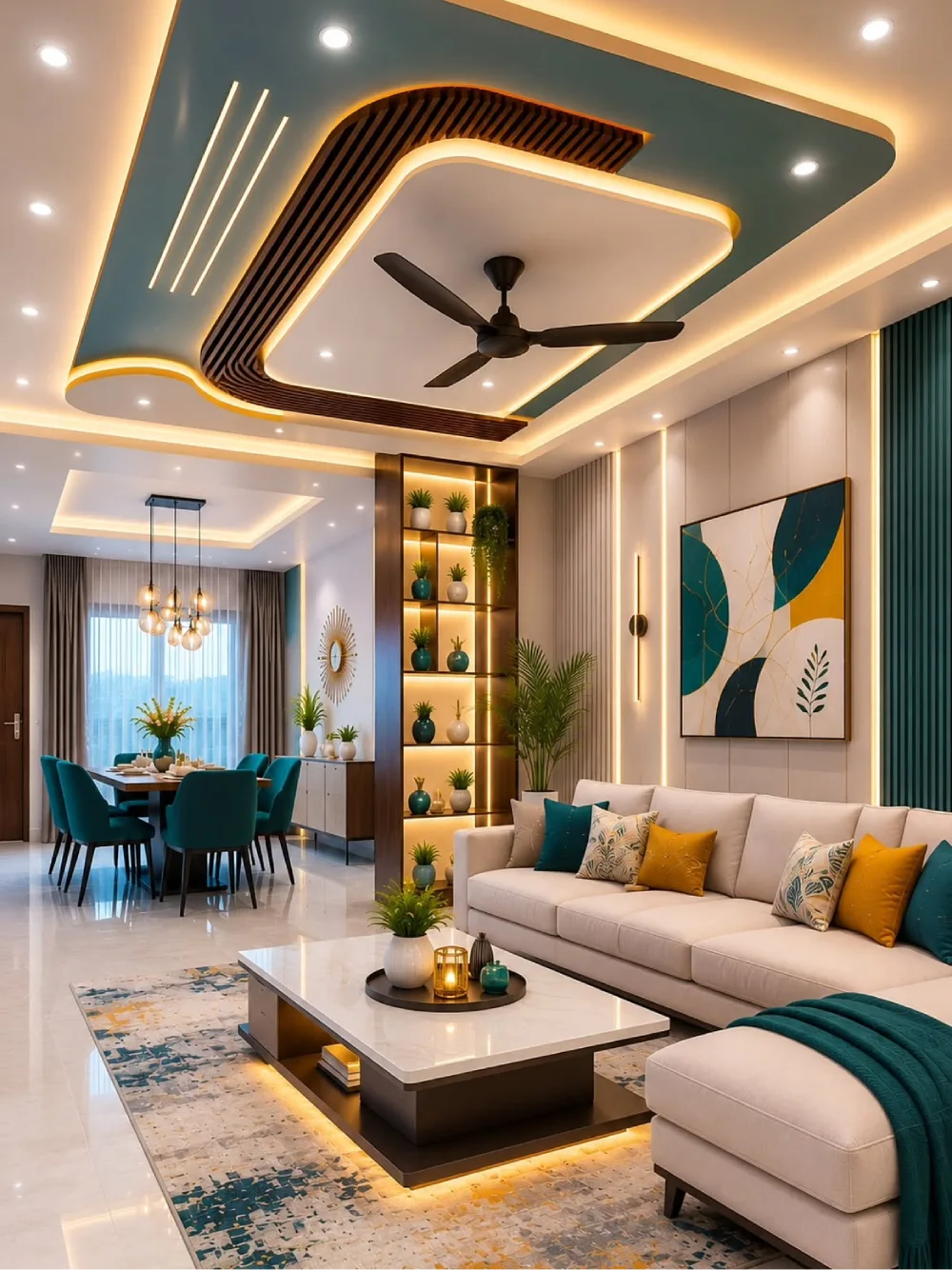 Modern living room with a cream sectional, teal and mustard accents, illuminated shelving, and decorative ceiling