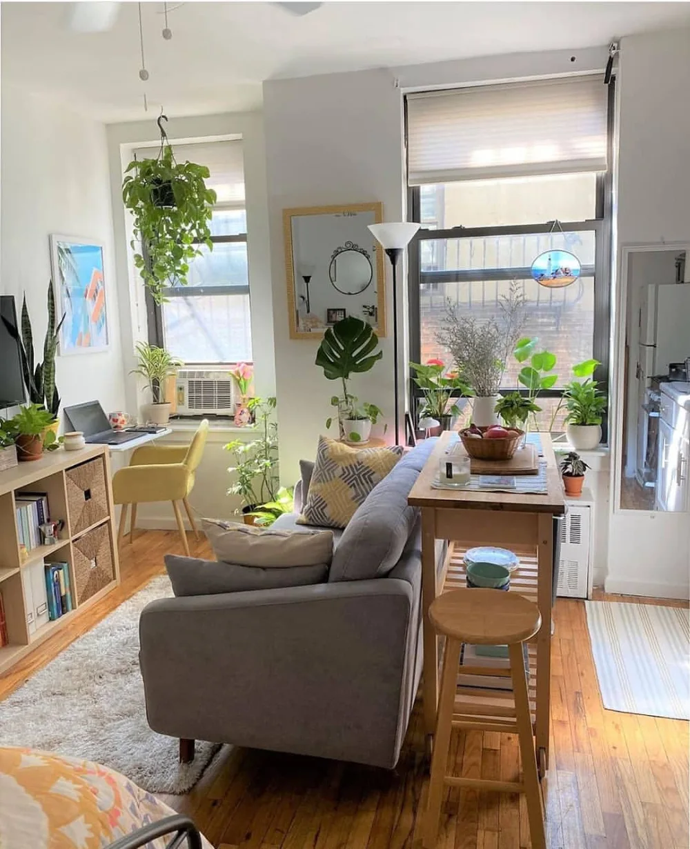 Small apartment living room with a compact sofa, dining table, plants, and a cozy workspace
