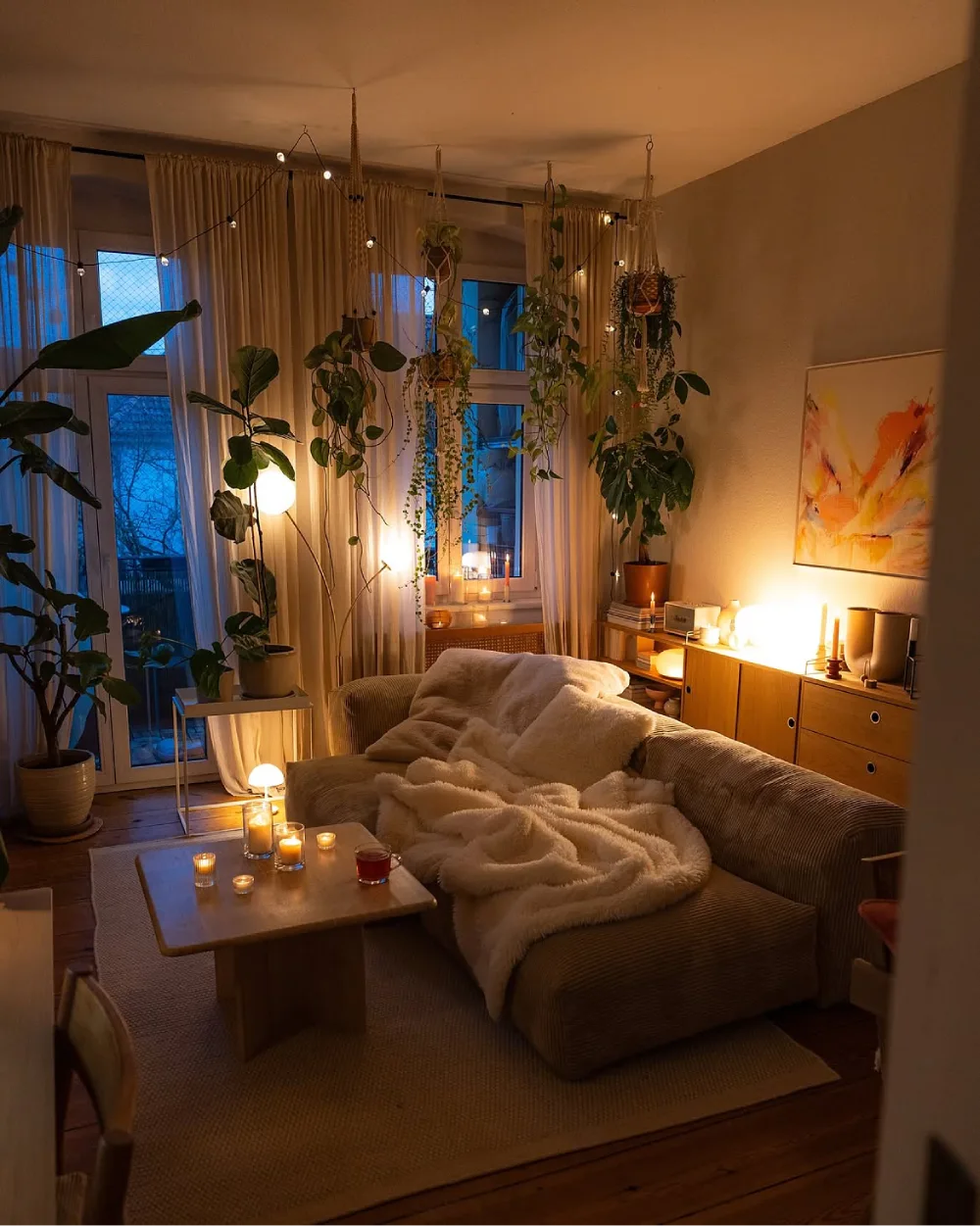 Cozy apartment living room with warm lamps, candles, hanging plants, and a soft sectional
