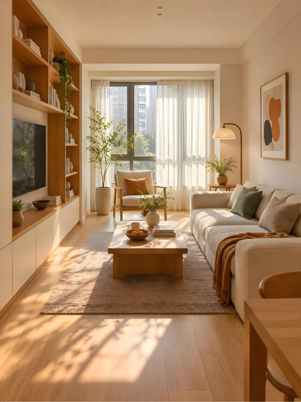 Bright apartment living room with built-in wood shelving, a cream sofa, plants, and a large window