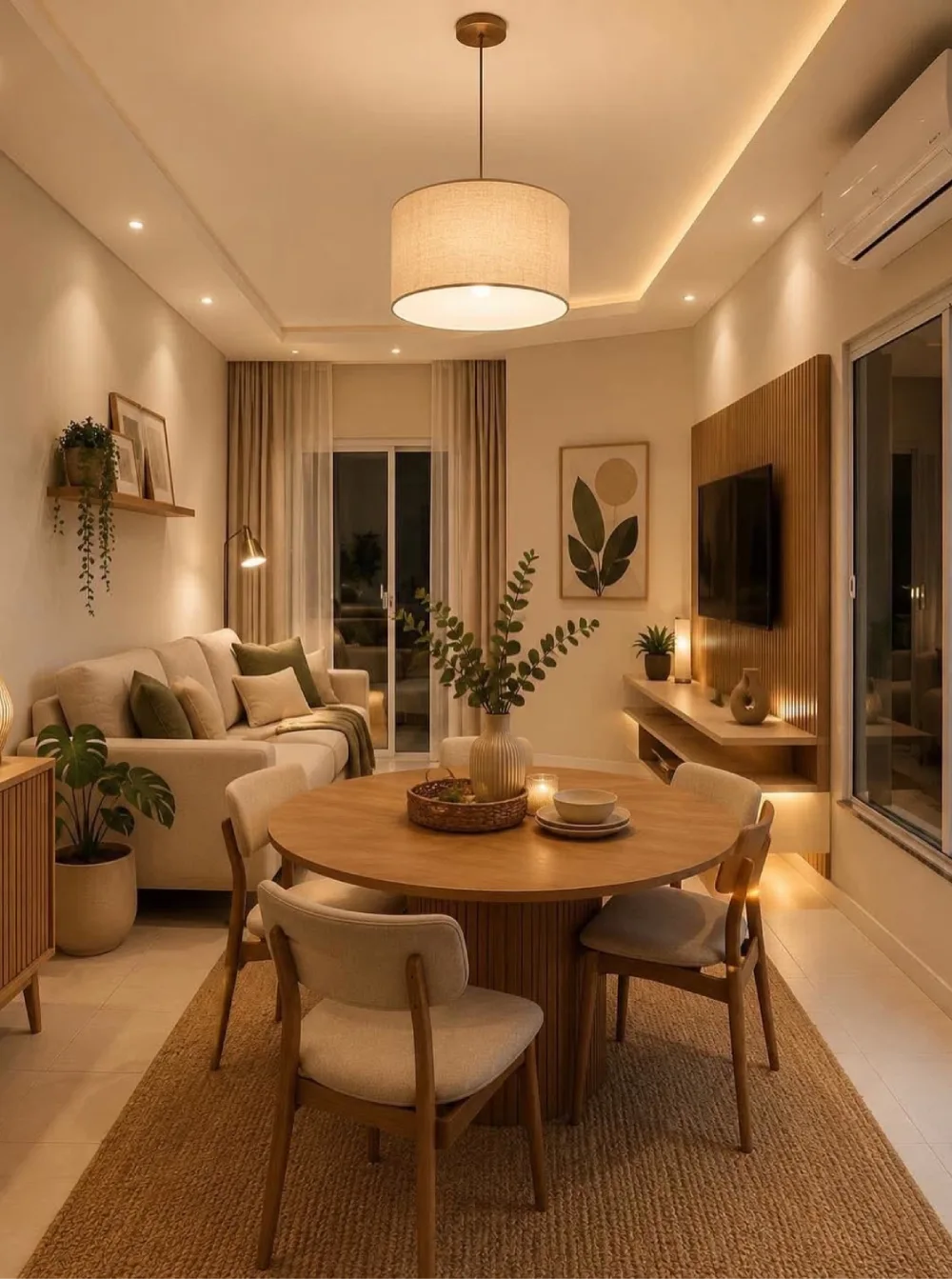Warm apartment living and dining room with a round wood table, cream sofa, plants, and soft lighting