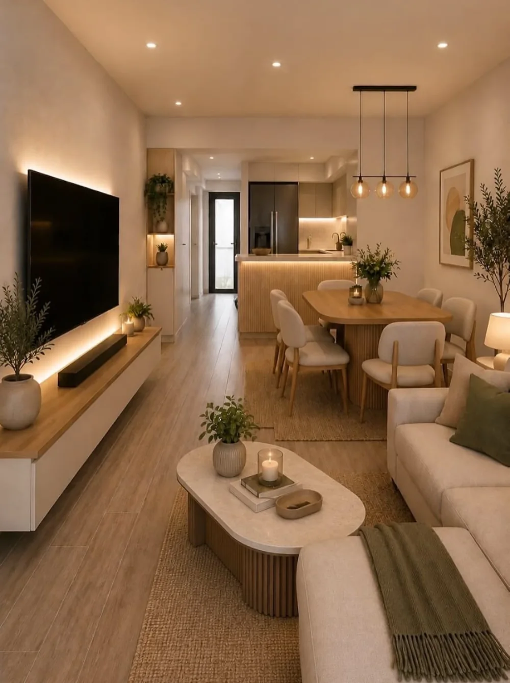 Open apartment living room connected to a dining area and kitchen with warm wood accents
