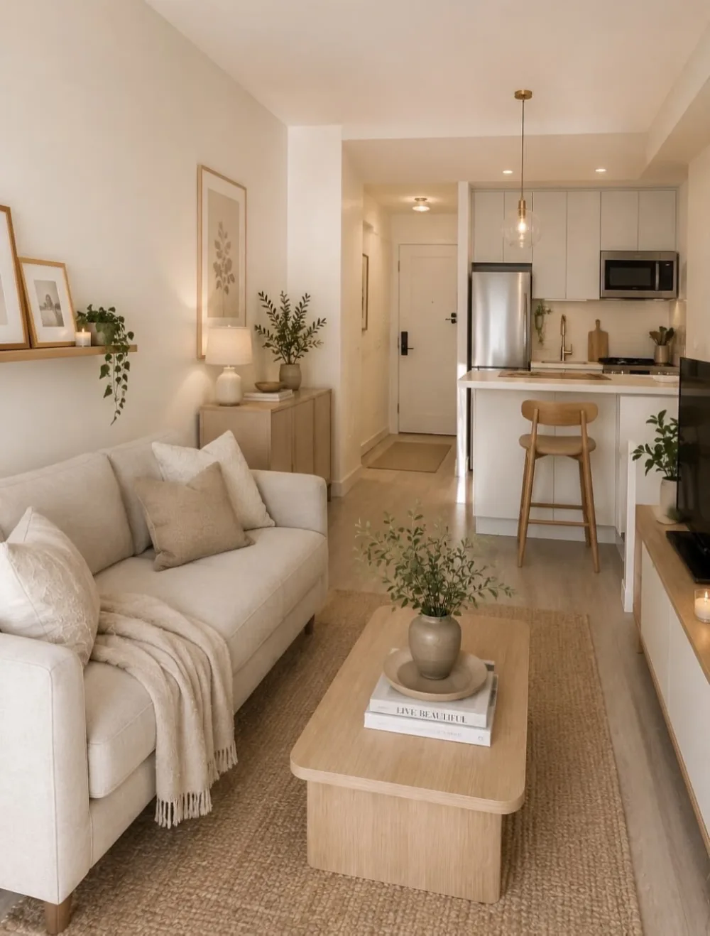 Light and airy apartment living room with a cream sofa, wood coffee table, and compact kitchen