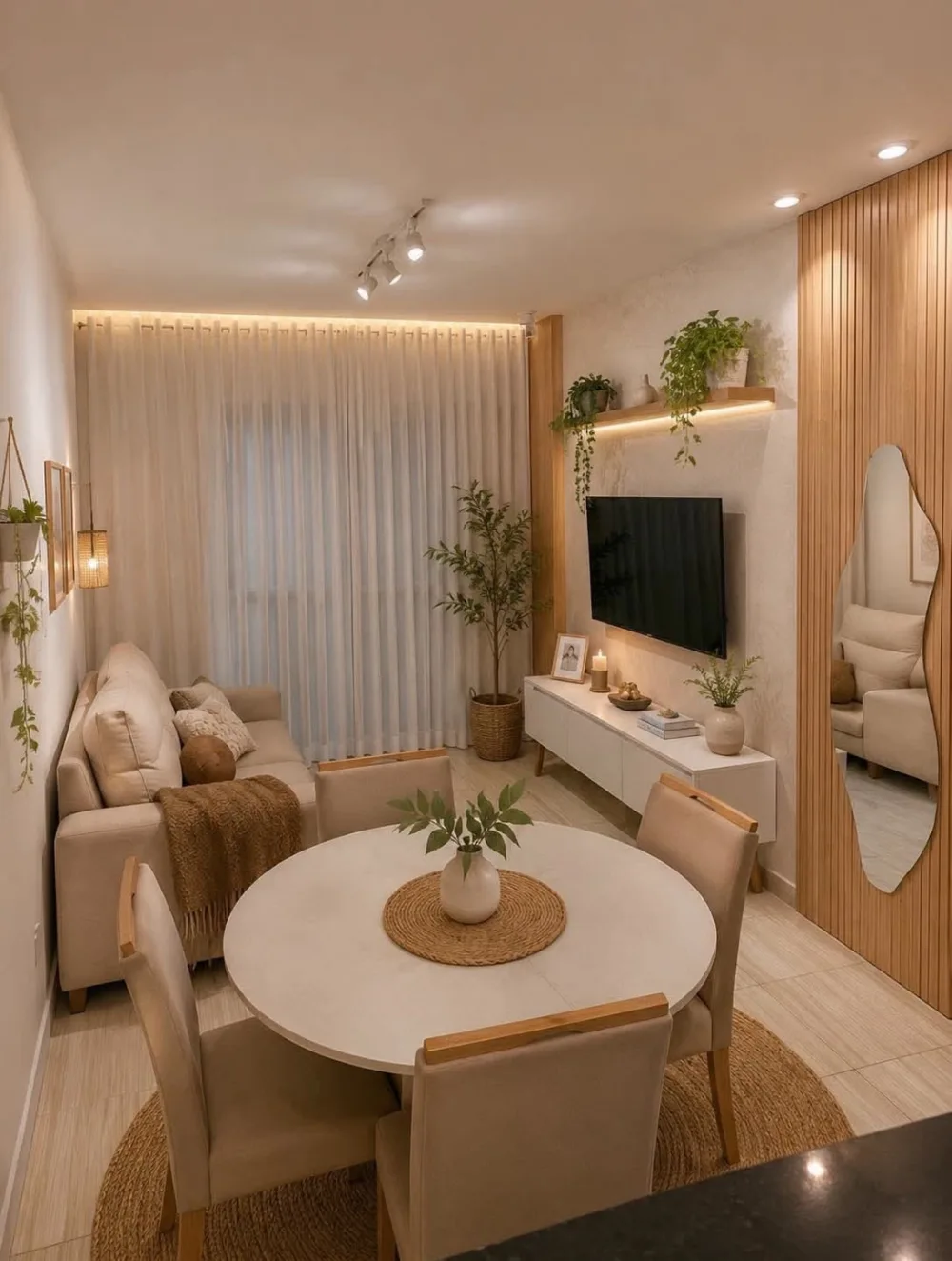 Cozy apartment living and dining room with a large wall mirror, neutral furniture, and plants