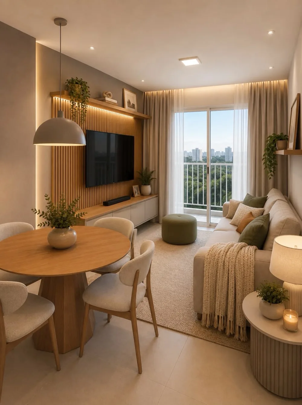 Warm apartment living room with a cream sofa, round dining table, wood accents, and balcony view