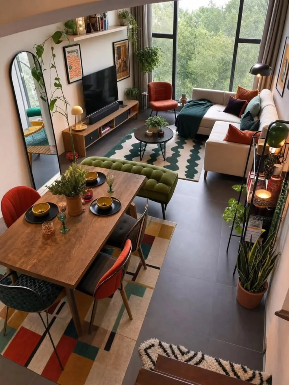 Colorful apartment living room and dining area with a cream sectional, green bench, and patterned rugs