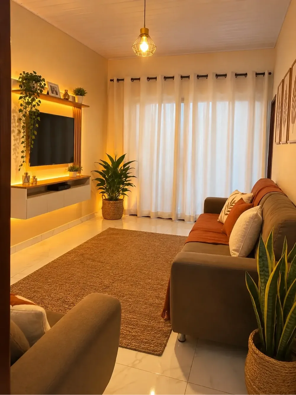 Bright apartment living room with a white sectional, soft pillows, round coffee table, and large windows
