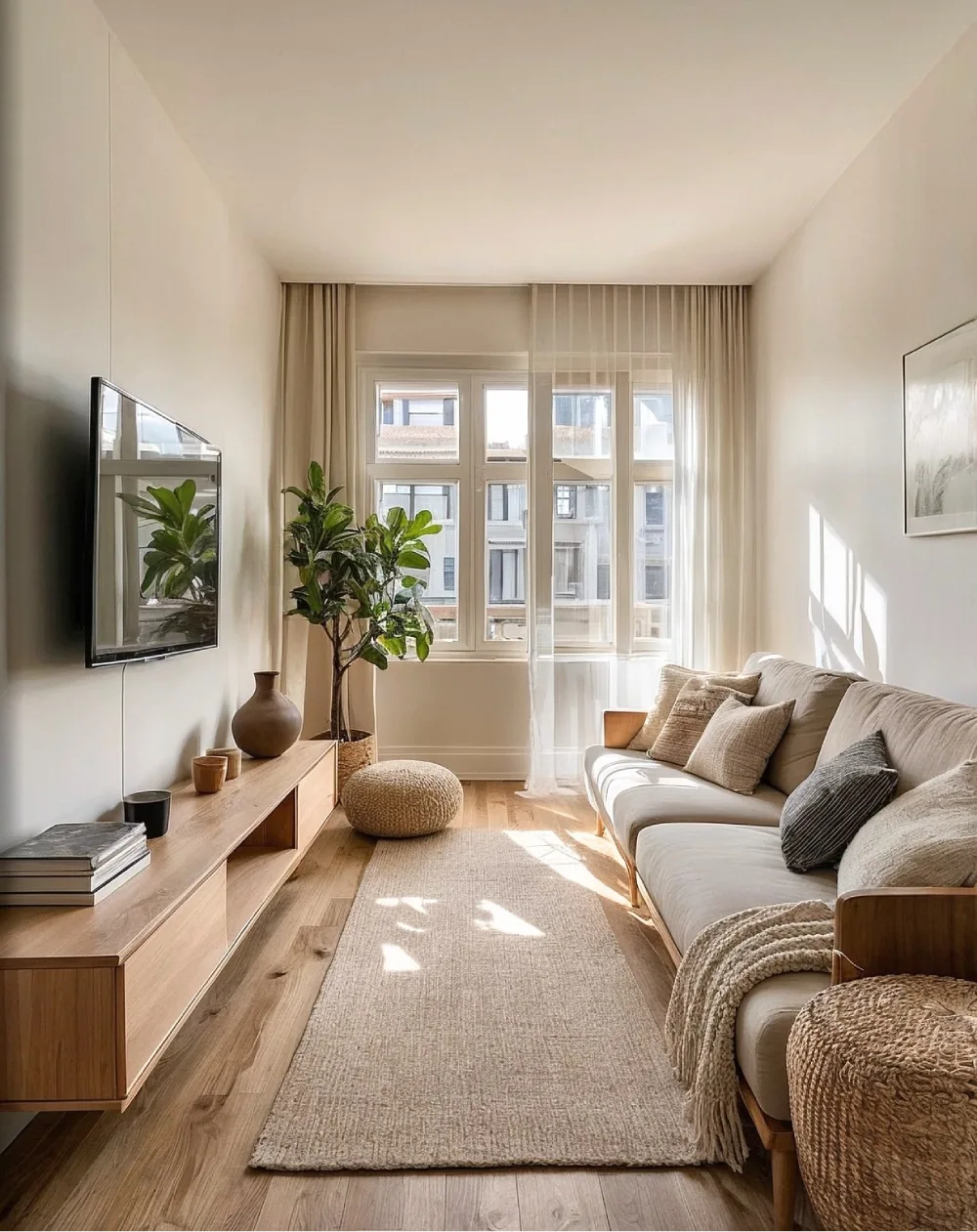 Narrow apartment living room with a cream sofa, wood media console, woven rug, and large windows