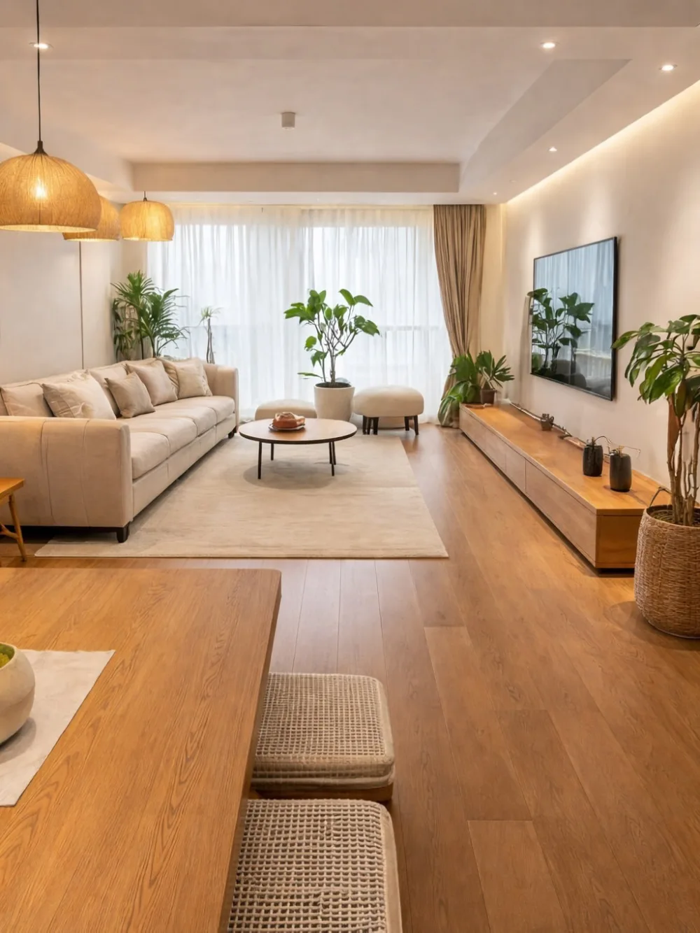 Spacious apartment living room with a cream sofa, wood furniture, large windows, and indoor plants