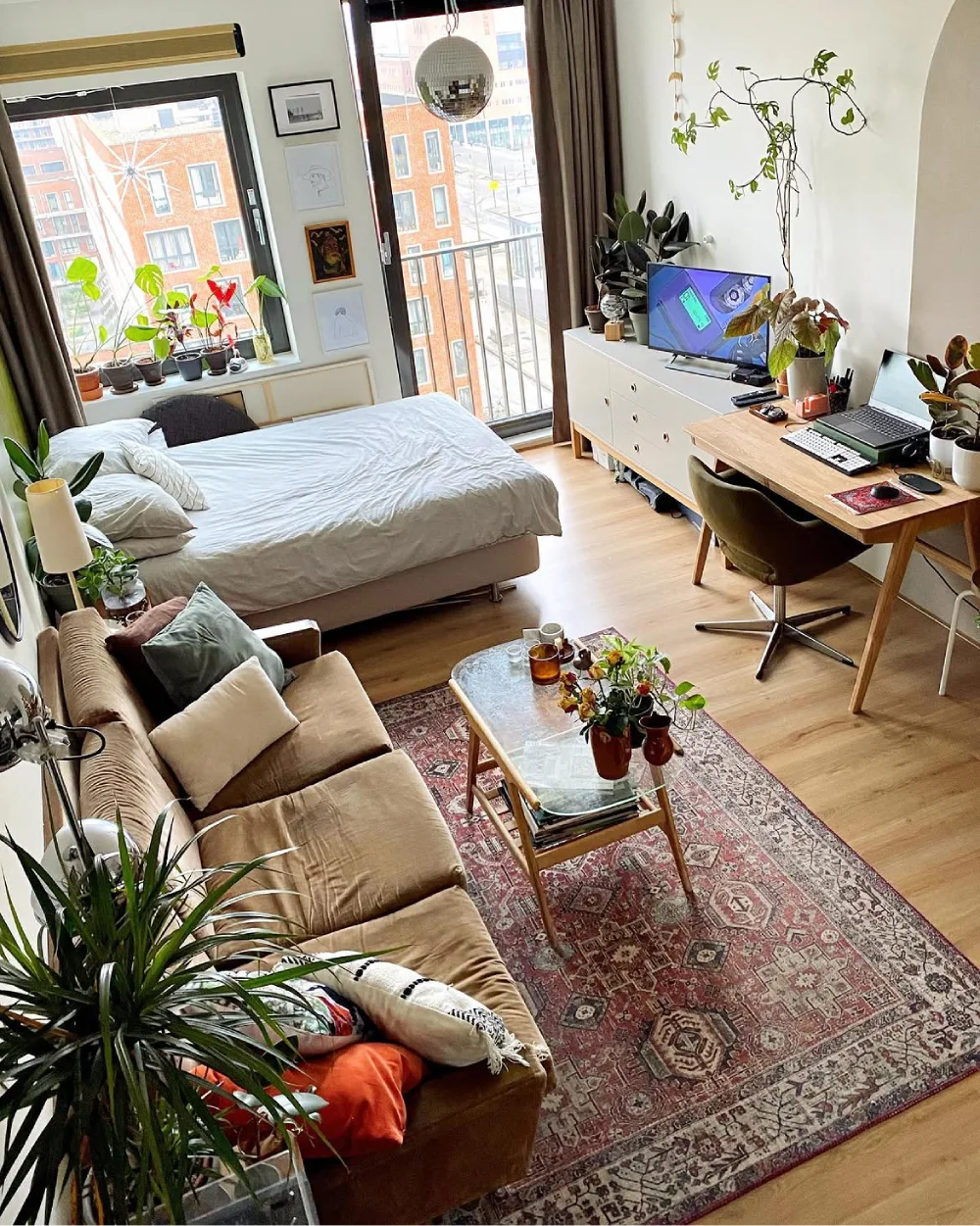 Apartment living room with a sofa, patterned rug, plants, and a compact home office