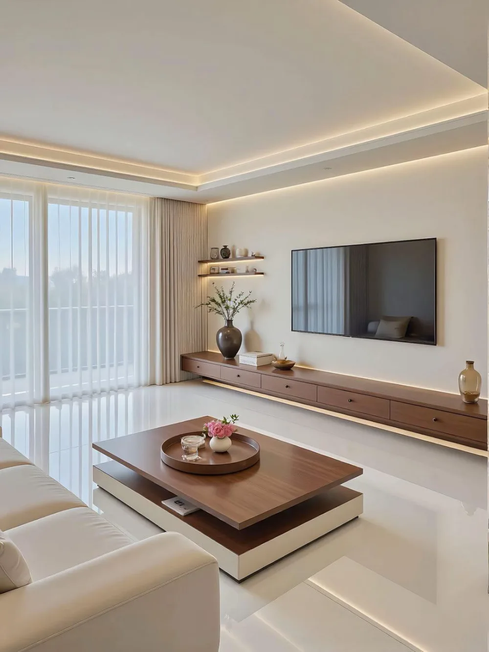 Minimalist apartment living room with a white sofa, wood coffee table, and streamlined media console