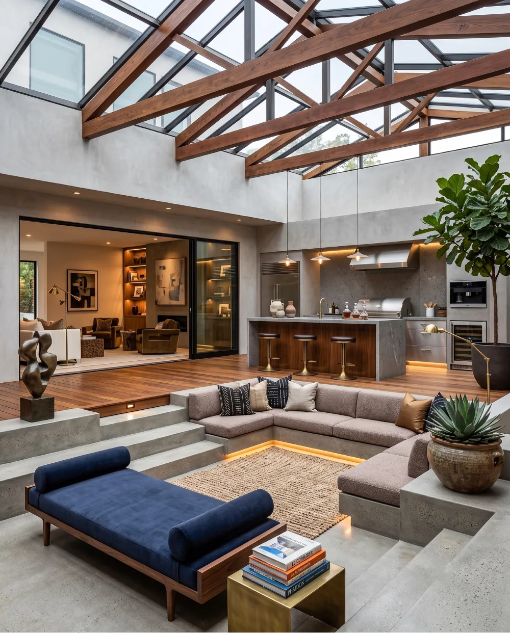 Modern sunken living room beneath a glass roof with a sectional sofa