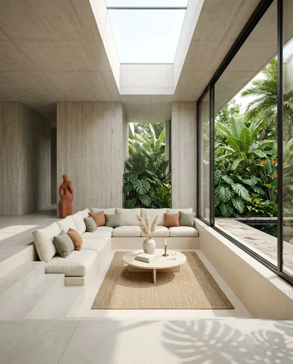 Tropical sunken living room with a white sectional and lush garden views
