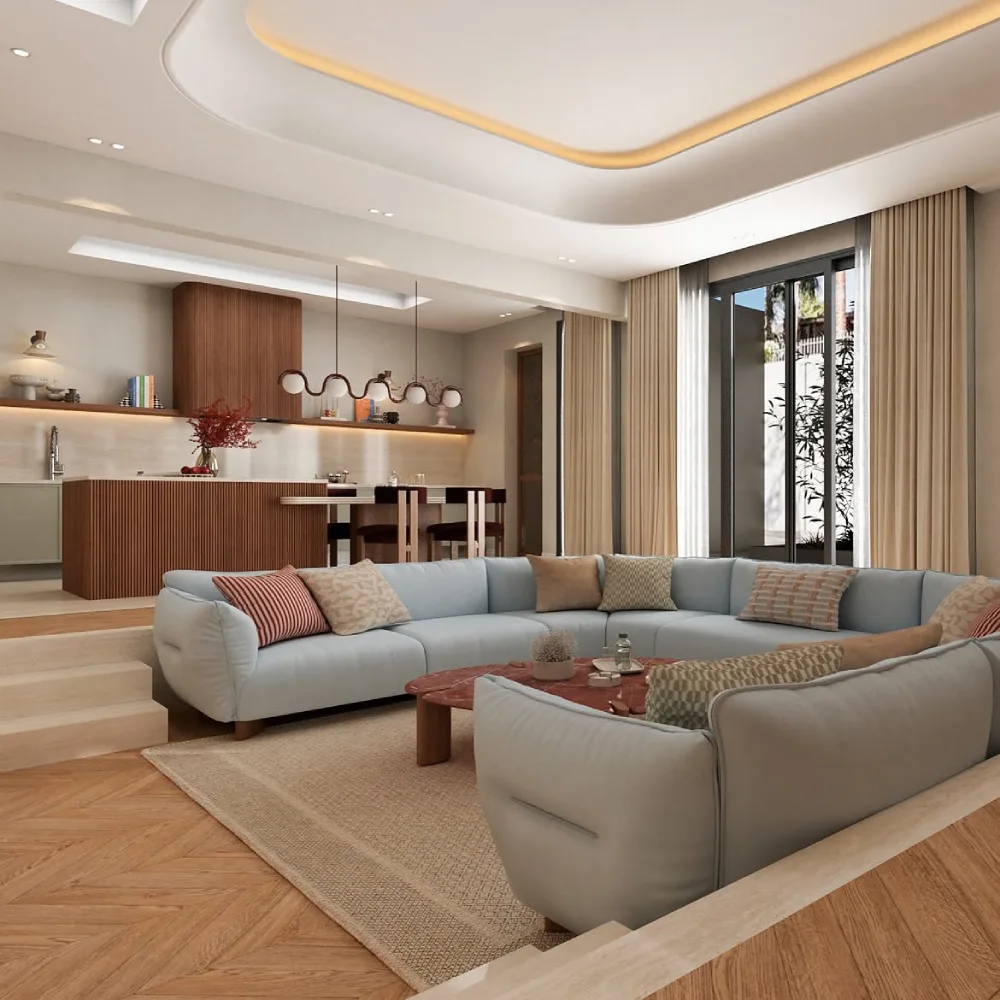 Contemporary sunken living room with a curved cream sectional and warm wood details
