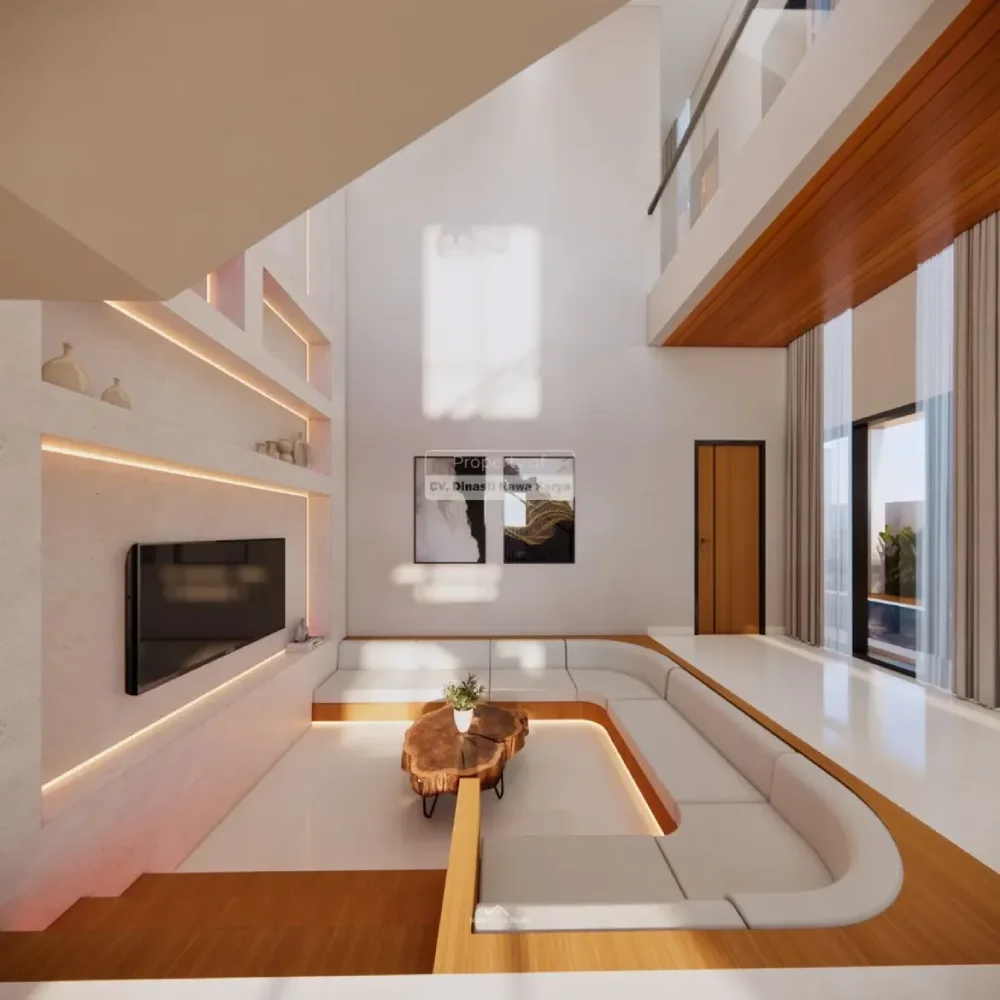 Curved built-in seating in a modern white sunken living room