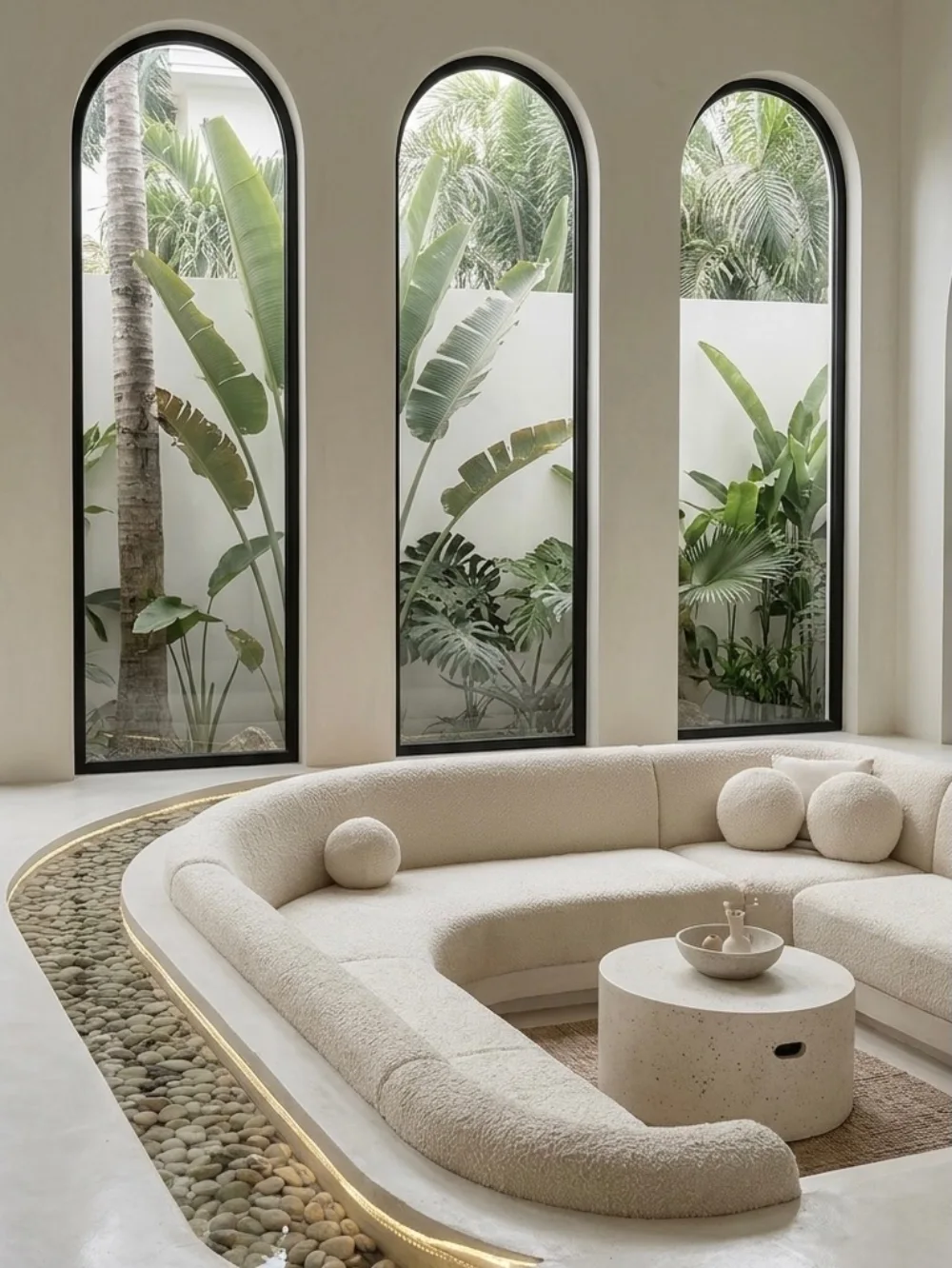Curved cream sectional in a bright sunken living room with arched windows