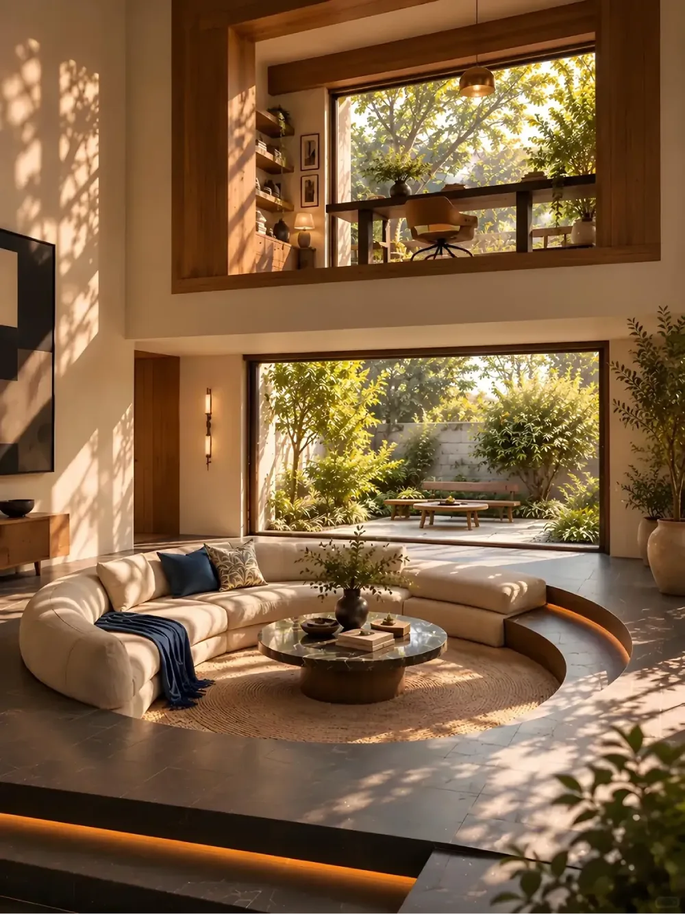 Warm sunken living room with curved seating and large garden-facing windows