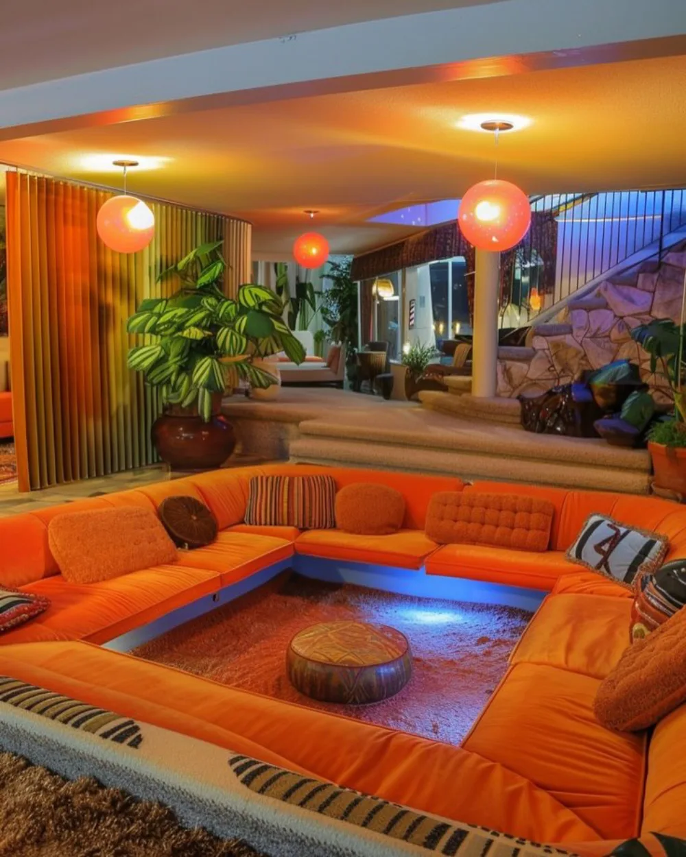 Retro orange sunken living room with built-in sectional seating