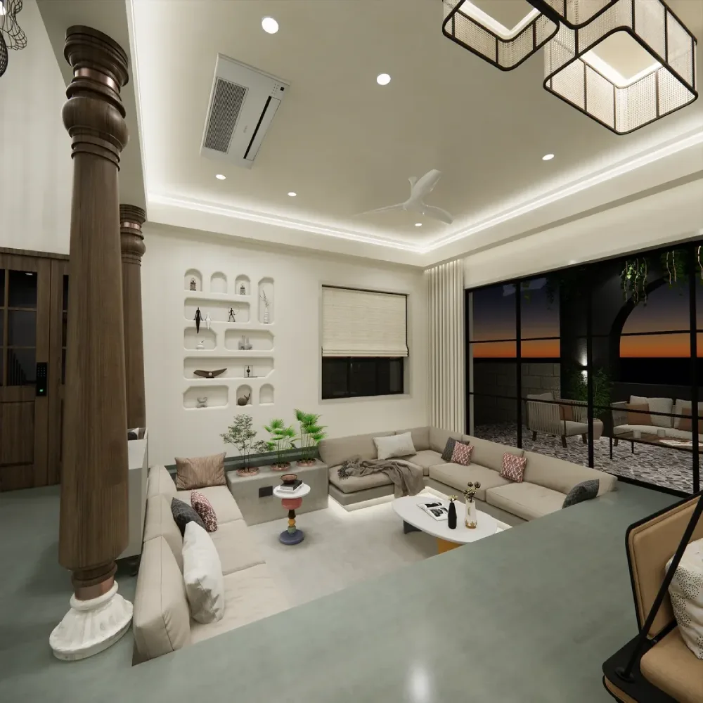 Modern sunken living room with cream seating and evening outdoor views