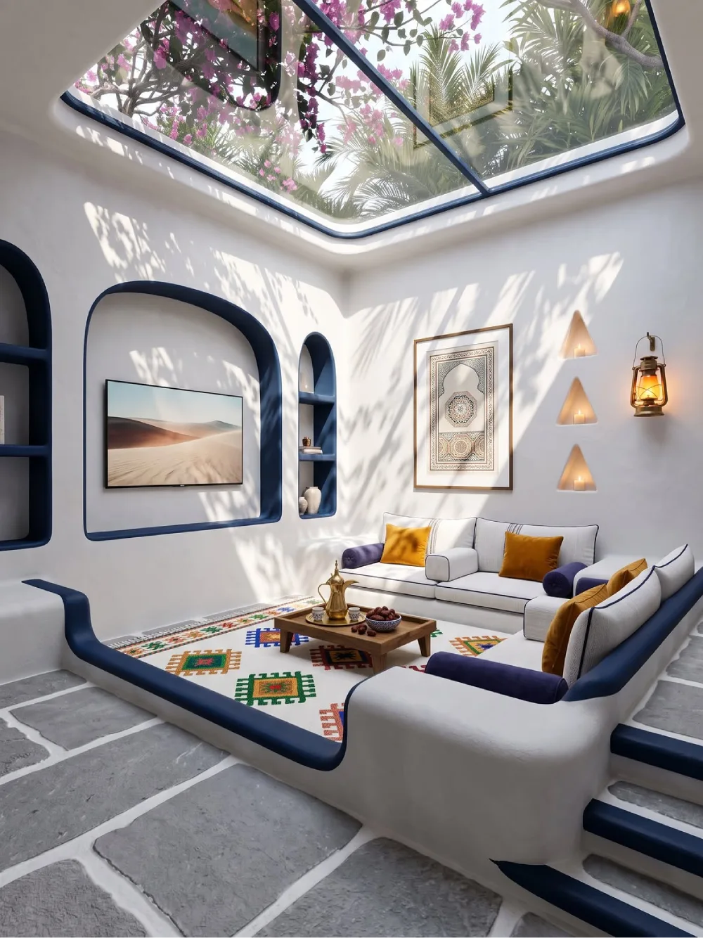 White sunken living room with blue accents and a large skylight