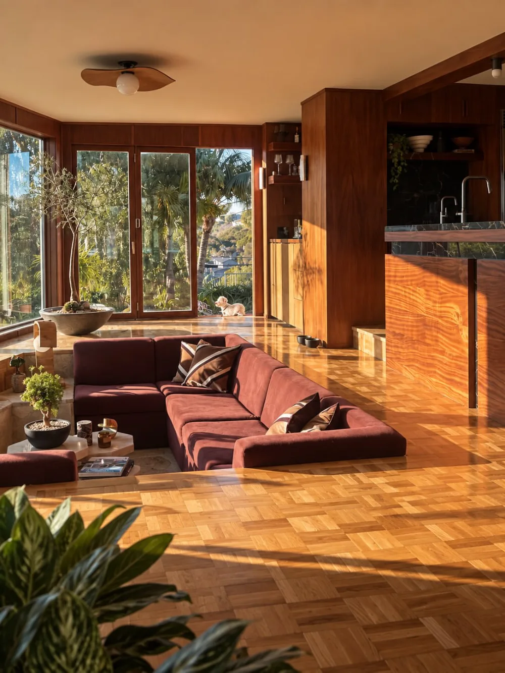 Warm wood sunken living room with a deep red sectional and large windows