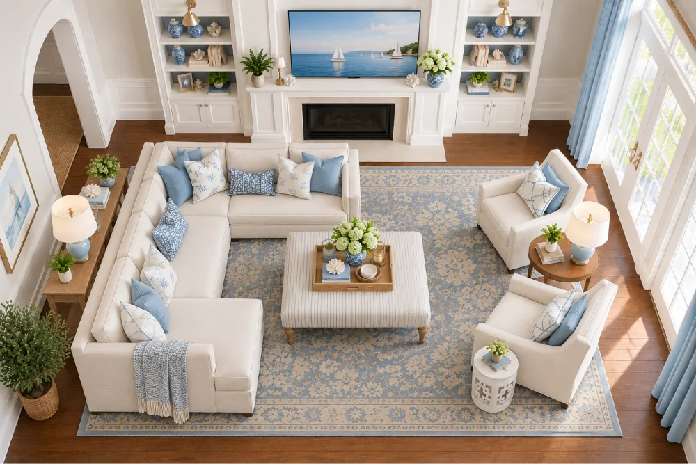 L-shaped sectional sofa arrangement with armchairs around a central ottoman