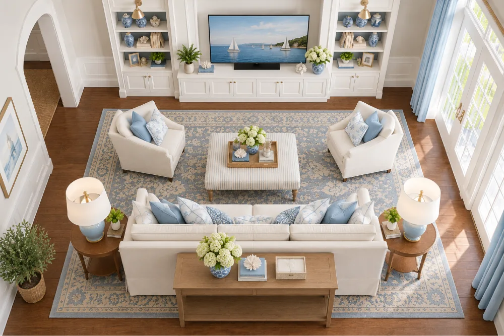 Living room seating arranged around a TV with two armchairs facing the sofa