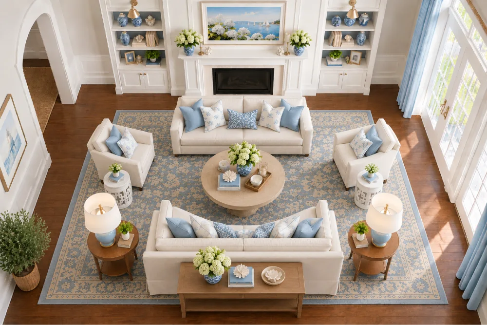 Floating living room seating arrangement with sofas and armchairs centered on a large rug