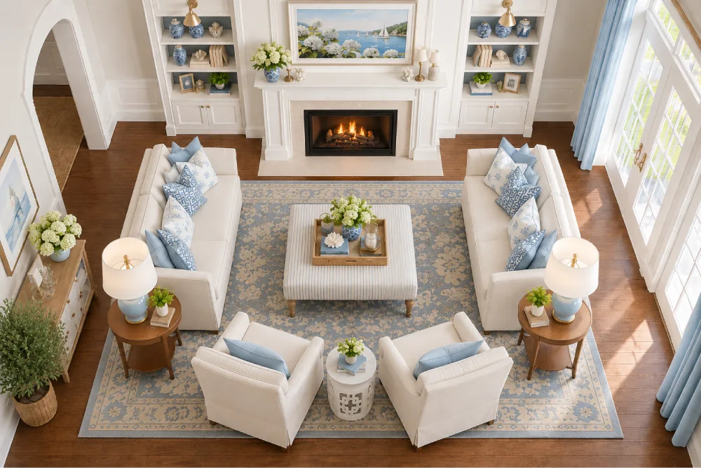 Living room with sofas and armchairs arranged around a fireplace