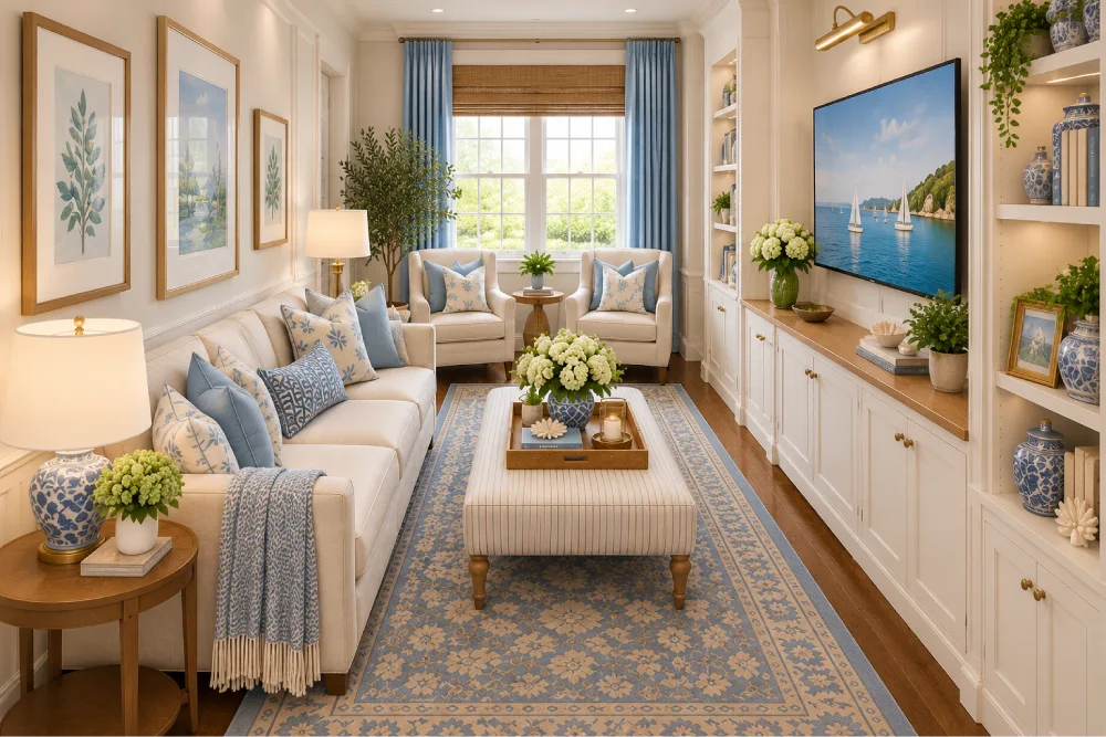 Small living room with a sofa and two armchairs arranged for conversation