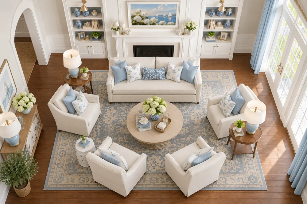 Living room seating arranged in a circular conversation area around a round coffee table