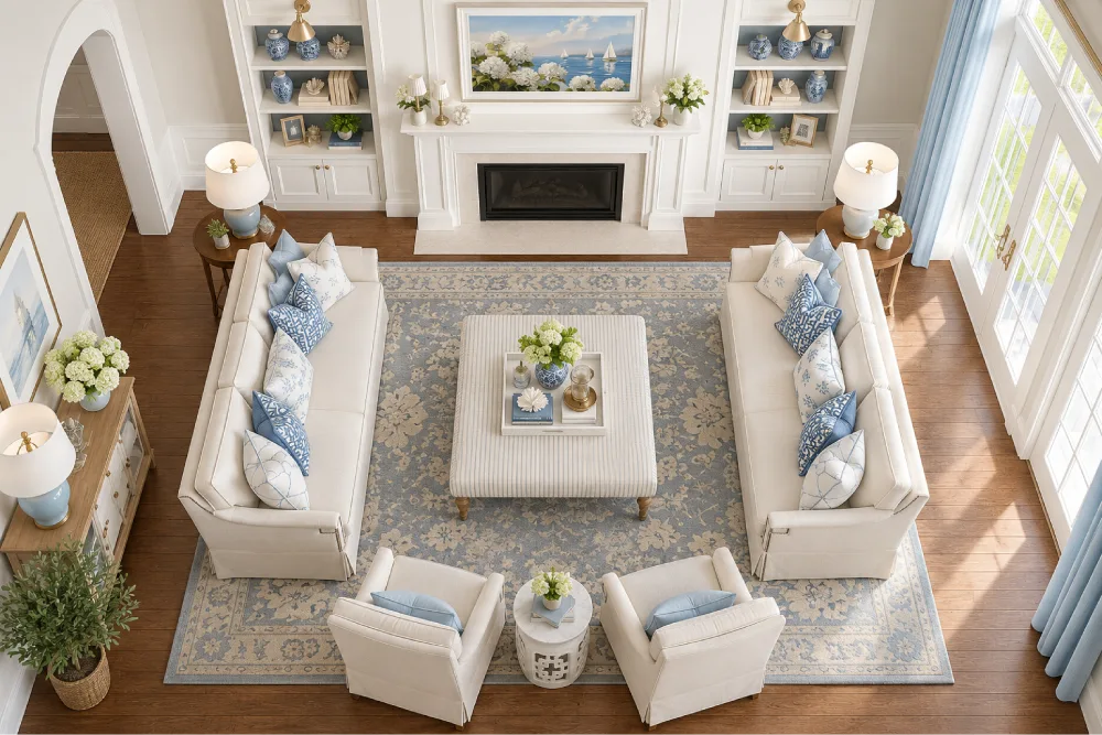 Symmetrical living room with matching sofas and armchairs facing each other