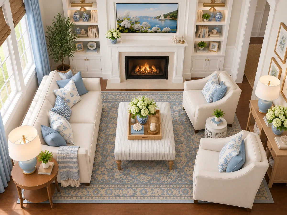 Overhead view of a bright living room with sofas and armchairs arranged around a central ottoman, creating a comfortable conversation area facing a fireplace.