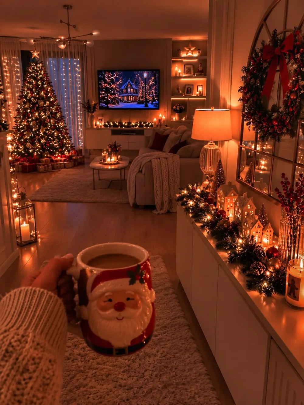 Cozy Christmas living room at night with glowing tree lights, candles, garland, and a Santa mug