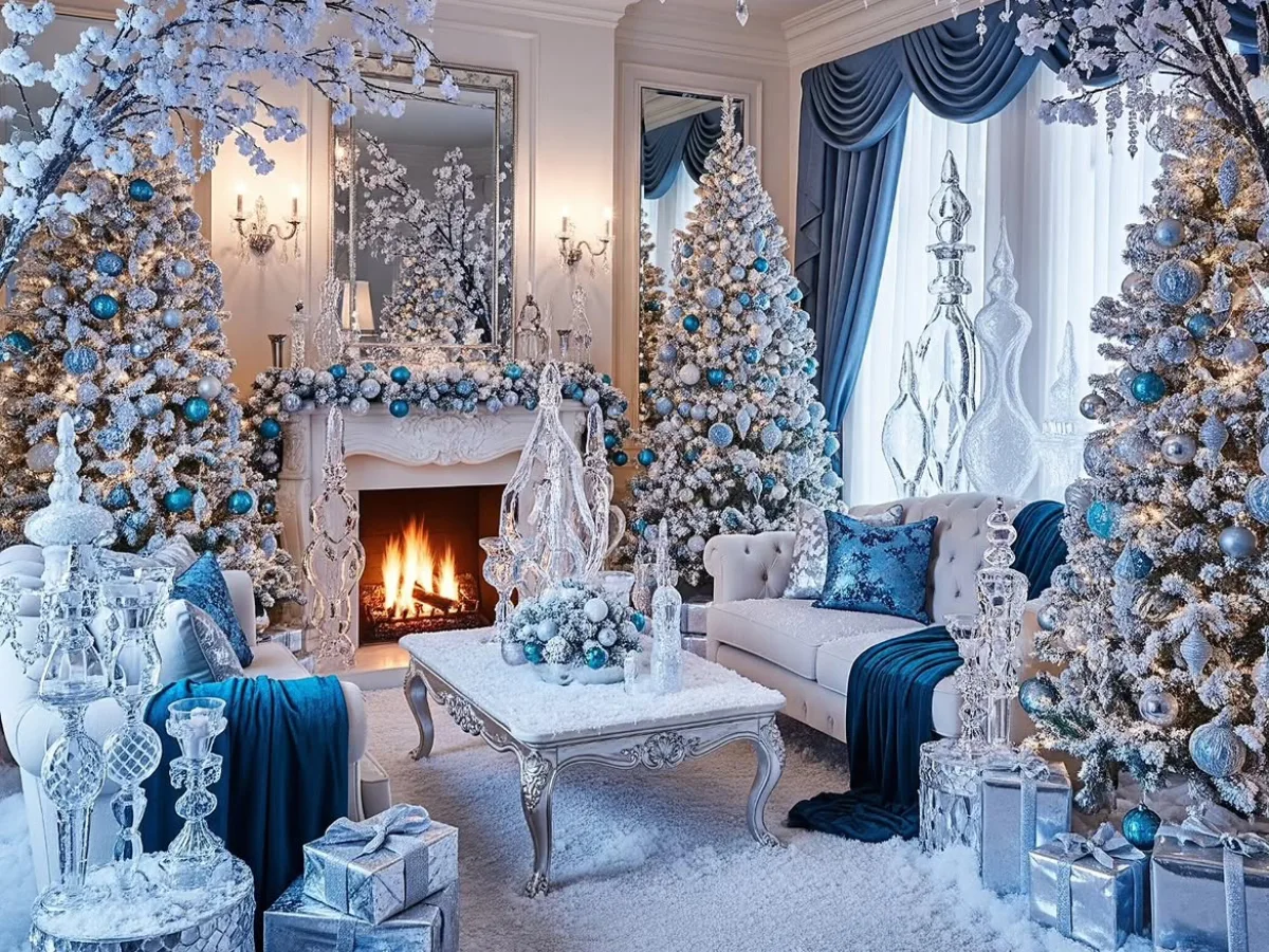 Elegant winter living room decorated with frosted Christmas trees, blue and silver ornaments, white furniture, crystal accents, and a glowing fireplace.