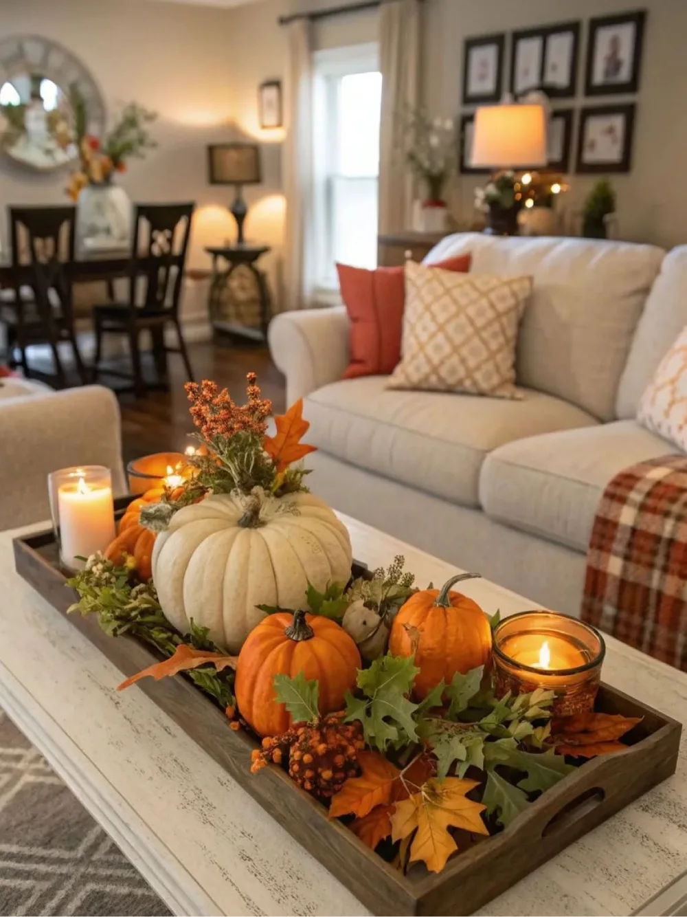Wooden tray filled with orange and white pumpkins, autumn leaves, dried flowers, and glowing candles on a white living room coffee table
