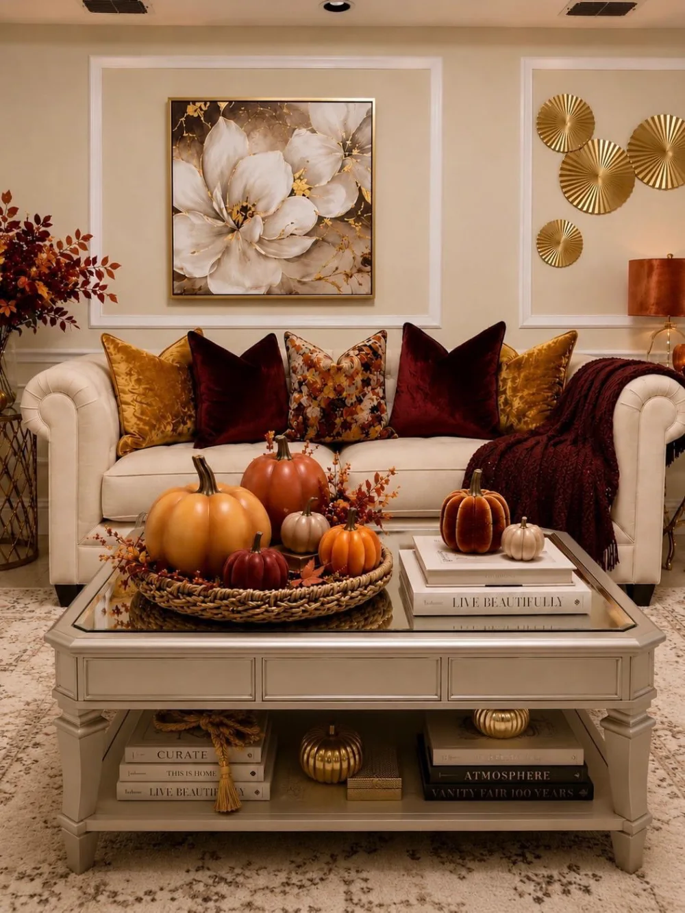 Elegant cream sofa with burgundy and golden-yellow pillows, a dark red throw blanket, and a coffee table decorated with autumn pumpkins