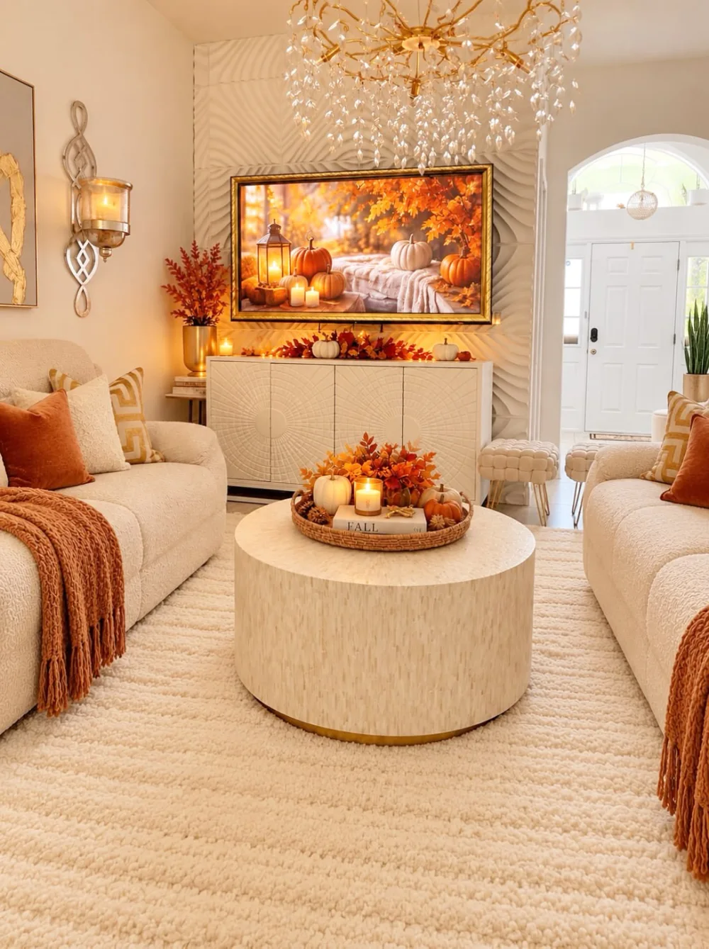 Bright neutral living room with cream sofas, a chunky ivory rug, rust-orange knit throws, autumn pumpkins, and a fall centerpiece on a round coffee table