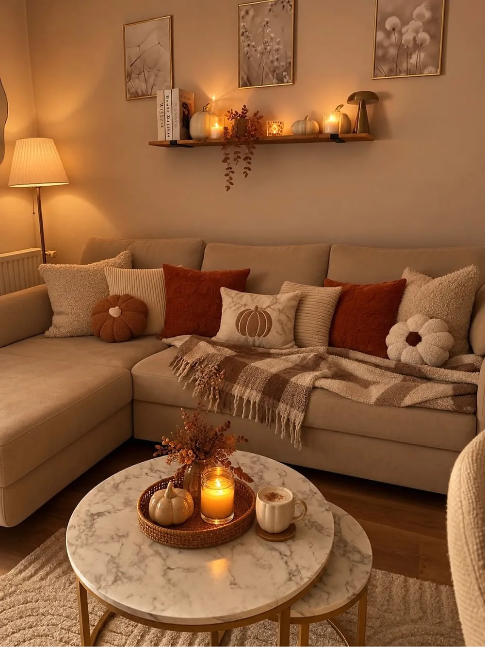 Neutral sectional sofa with rust and cream fall pillows, a fringed throw blanket, decorative pumpkins, and glowing candles on a round coffee table