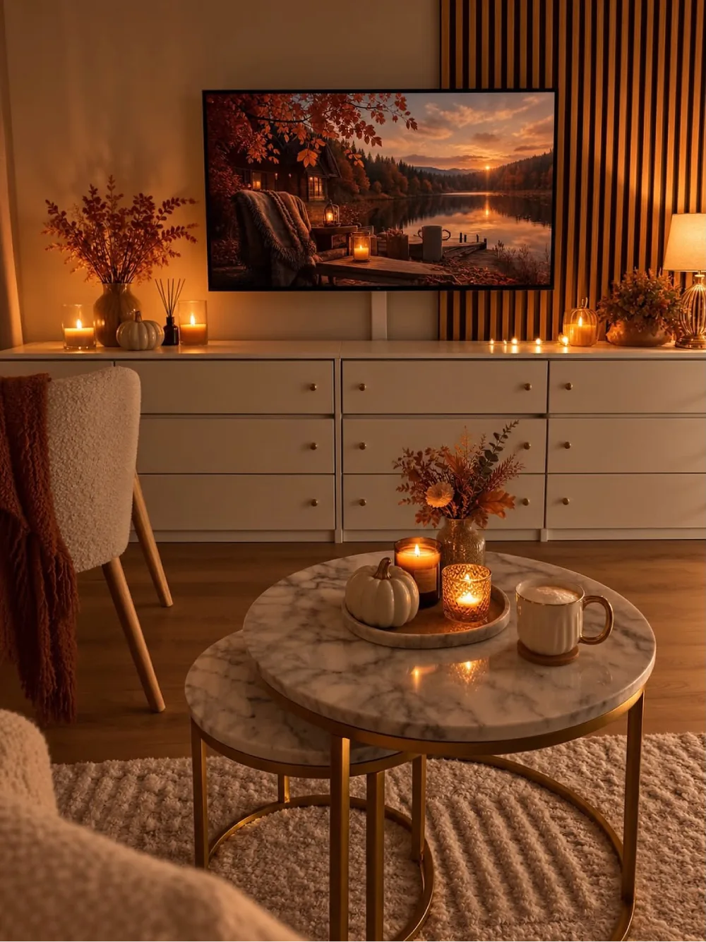 Fall living room TV console styled with glowing candles, miniature pumpkins, autumn floral arrangements, and a television displaying a sunset over an autumn lake